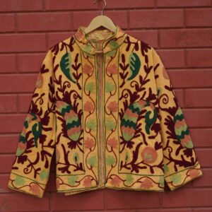Womens Yellow Velvet Embroidered Jacket with Floral Design