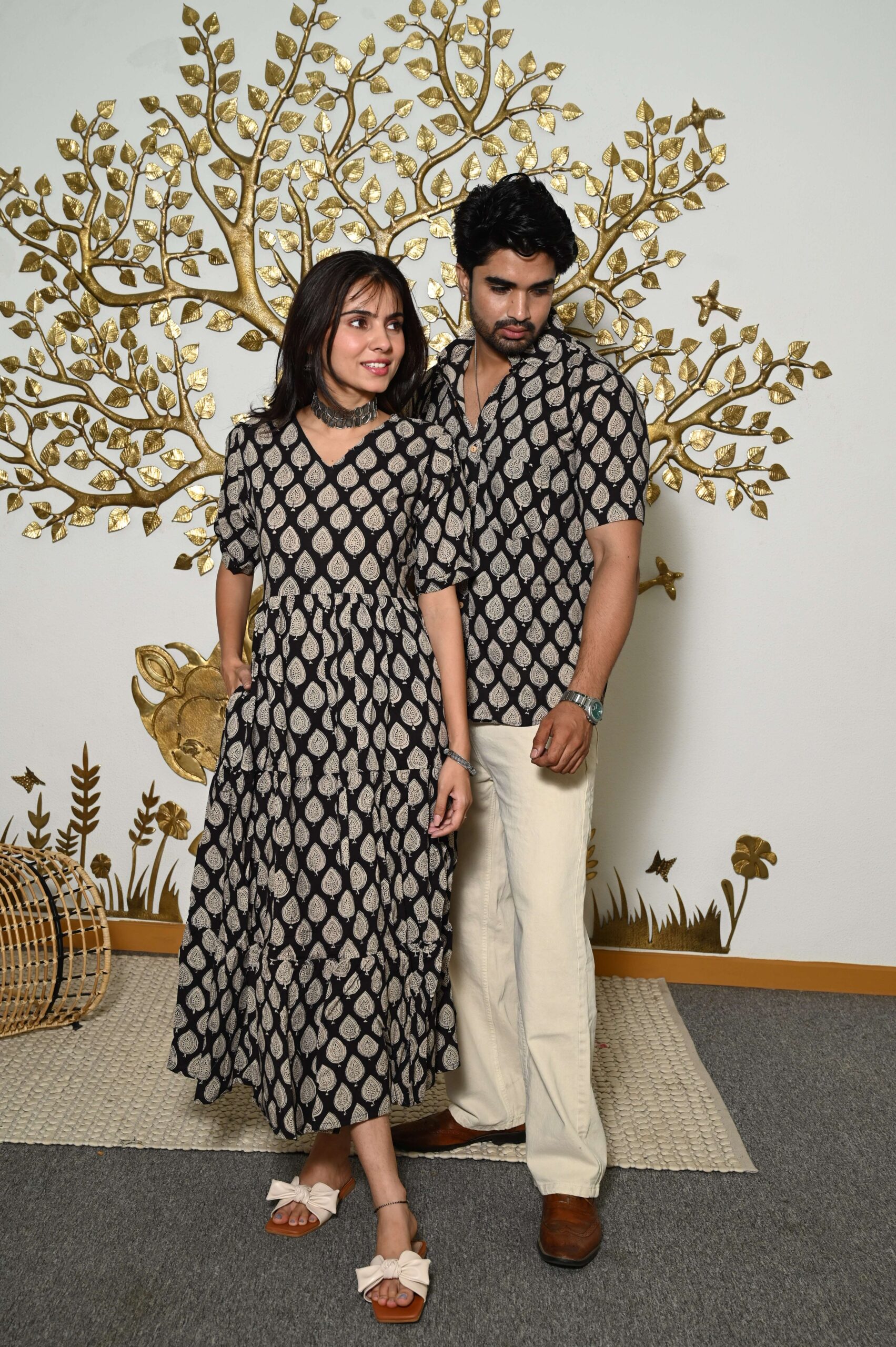 Couple Matching Black & Beige Cotton Anarkali Midi Dress and Shirt Set ? Leaf Print Twinning Outfit - Image 2