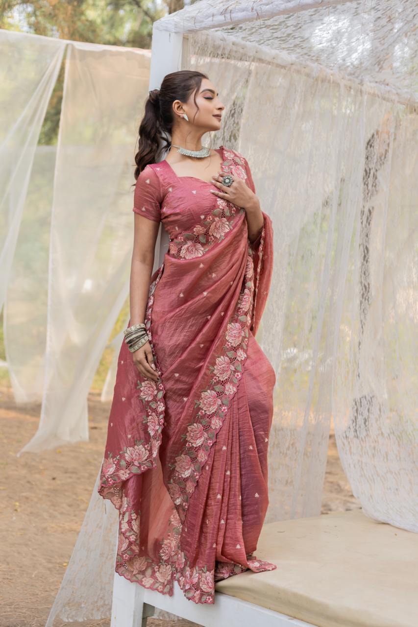 Women's Pristine White Organza Saree with Exquisite Pink & Green Floral Thread Embroidery – Complete with Matching Embroidered Blouse for Festive & Summer Wear - Image 10